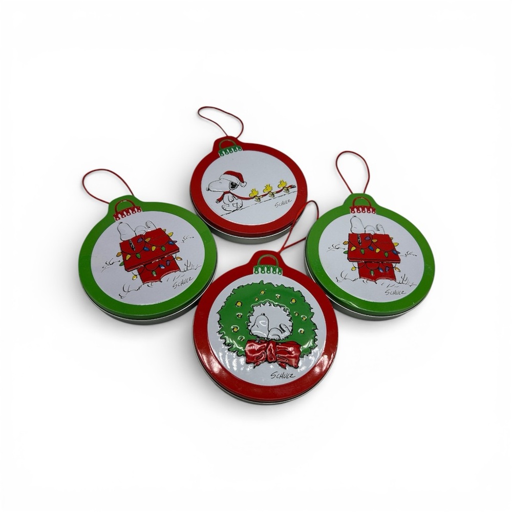 Set of 4 Peanuts Christmas cookie tin storage ornaments Snoopy & Woodstock 5"